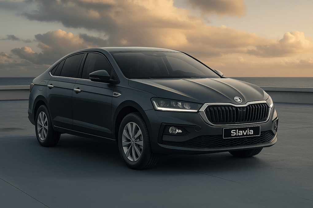 Skoda Slavia 2025 रेड कलर मॉडल फ्रंट साइड व्यू